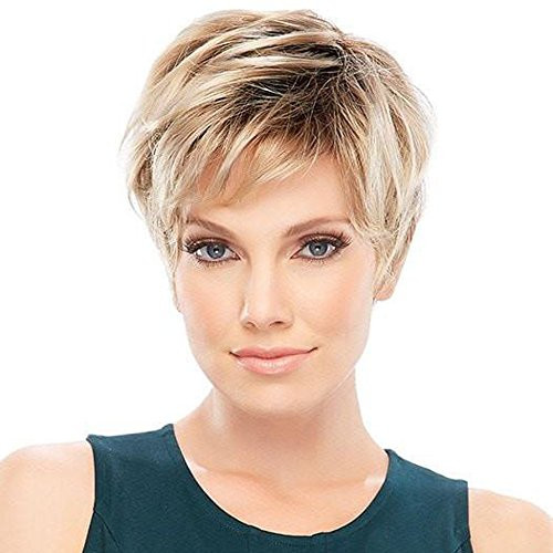 HAIRCUBE Natural Short Blonde Wigs Dark Root Wigs with Bangs Wigs for Women