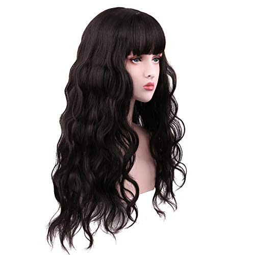SinRany Long Brown Curly Wig With Bang Fluffy Hair For Girl Women