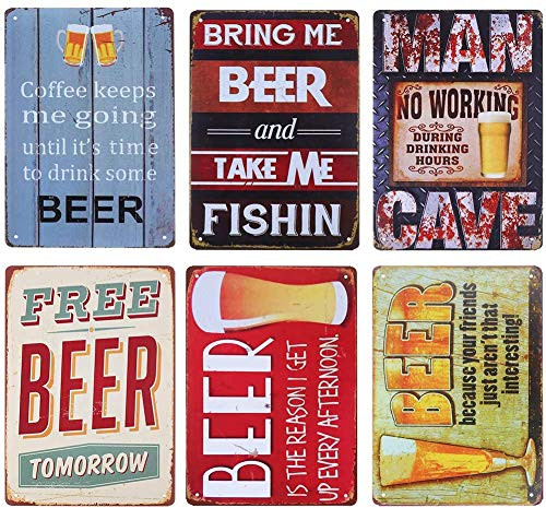 Retro Metal Beer Tin Sign Set of 6 Patio Metal Wall Decorations Vintage Beer Wall Plaque Retro Club Pub Bar Poster Decor 12 x8 /30x20cm
