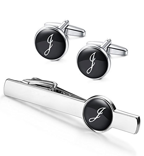 Jstyle Tie Clip and Cufflink Set for Mens Tie Bar Clips Cufflinks Shirt Wedding Business with Gift BoxAlphabet AZ Alphabet J