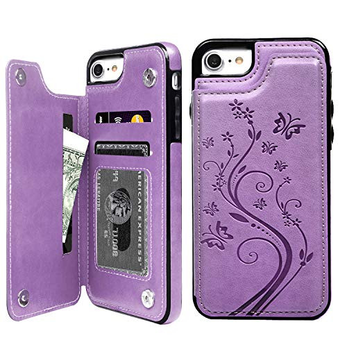 iPhone 7 Card Holder Case iPhone 8 Wallet Case Embossed Butterfly Slim Folio Leather Cover Shockproof Shell with Credit Card Slot Protective Skin for iPhone 7  8 Purple