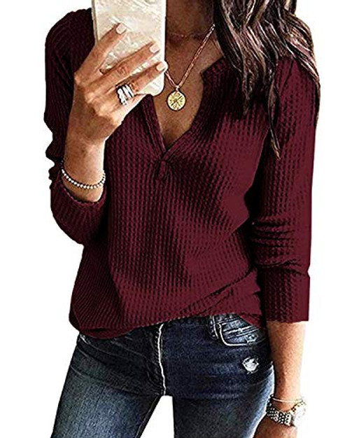 StyleDome Waffle Knit Shirts for Women V Neck Long Sleeve Henley Tee Loose Casual Tunic Tops 01 Wine Red L