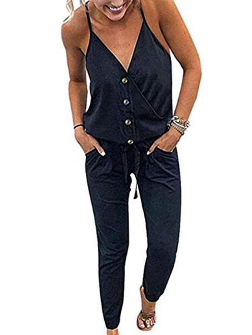 Adibosy Women V Neck Jumpsuits Overalls Strap Sleeveless Summer Casual Playsuit Rompers with Pockets Button Black L