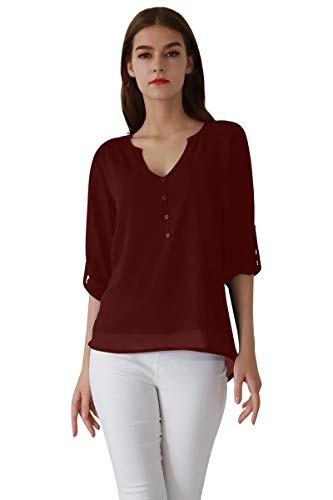 YMING Women s Chiffon Shirt 3/4 Sleeve Casual Blouse Button V Neck Chiffon Shirt Wine Red XL