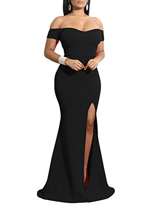 YMDUCH Women s Off Shoulder High Split Long Formal Party Dress Evening Gown Black