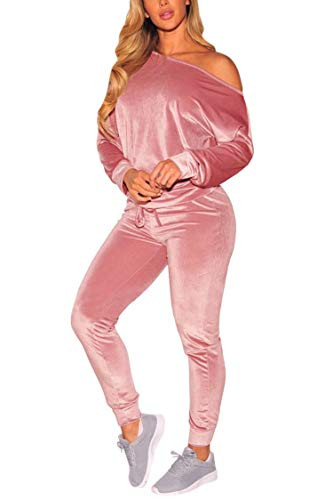 Fixmatti Womens Off Shoulder Long Sleeve Jogger Tracksuit Velour Sweatsuit XL Pink
