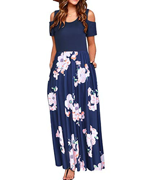 STYLEWORD Women s Summer Cold Shoulder Floral Print Elegant Maxi Long Dress with PocketFloral07XXL