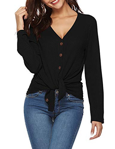 Sarin Mathews Womens V Neck Long Sleeve Button Down T Shirts Tie Front Casual Tops Loose Henley Blouses Black M