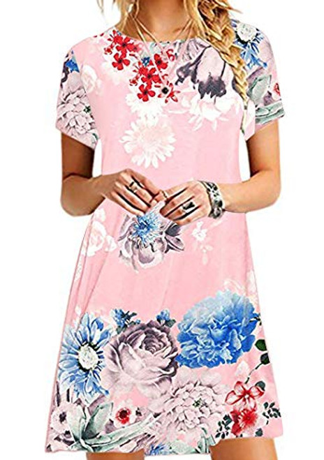 BOFETA Womens Short Sleeve Plus Size Dress Round Neck Loose Dress Pink S