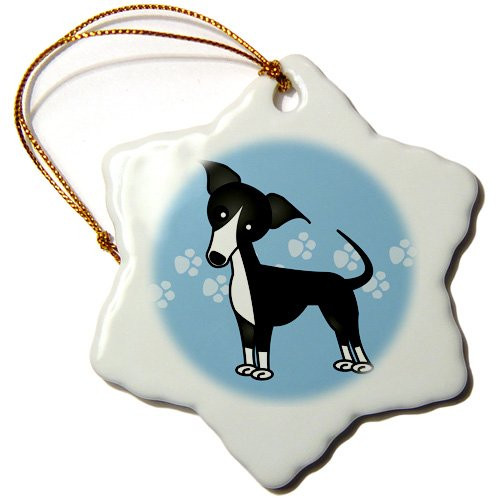 3dRose orn_25371_1 Cute Black Italian Greyhound Blue with Pawprints-Snowflake Ornament, 3-Inch, Porcelain