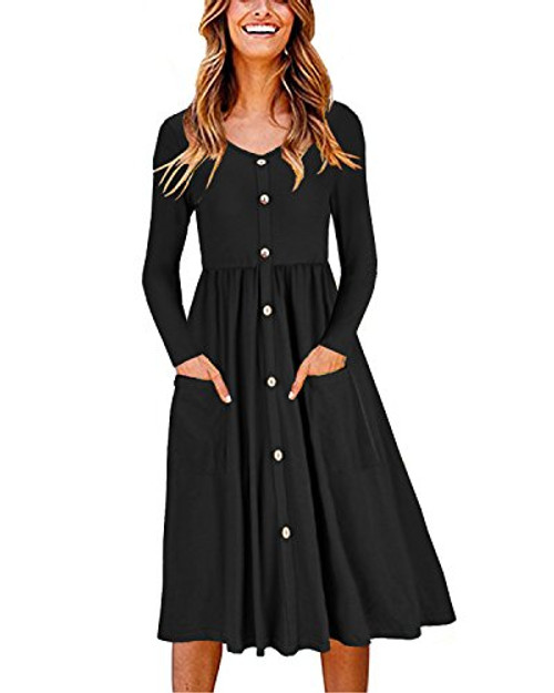 OUGES Women s Long Sleeve V Neck Button Down Midi Skater Dress with PocketsBlackS