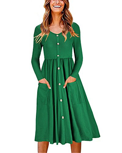 OUGES Women s Long Sleeve V Neck Button Down Midi Skater Dress with PocketsGreenS