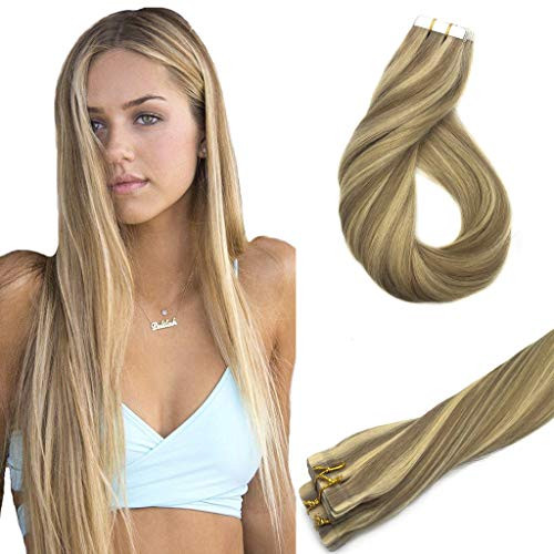 GOO GOO Hair Extensions Tape in Ombre Light Blonde Highlighted Golden Blonde Remy Tape in Human Hair Extensions Silky Straight 20pcs 50g 14inch GOO GOO Hair Extensions Tape in Ombre Light Blonde Highlighted Golden Blonde Remy Tape in Human Hair Extensions Silky Straight 20pcs 50g 14inch