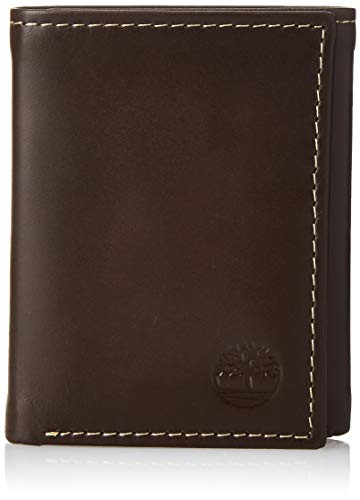 Timberland Mens Leather Trifold Wallet With ID Window Dark Brown