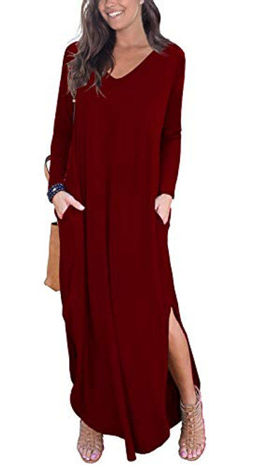 GRECERELLE Women s Casual Loose Pocket Long Dress Long Sleeve Split Maxi Dresses Wine Red XXLarge