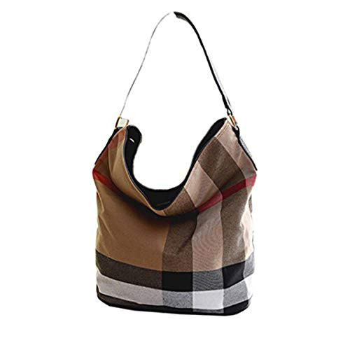 Wewo Plaid Canvas Shoulder Bag Casual Travel Tote Bag Fashion Women Handbags Big Bucket Bag Large Capacity Shopping Bag Black