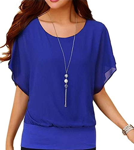 Neineiwu Women s Summer Casual Loose Fit Short Sleeve Batwing Batwing TShirt Shirt Chiffon Top Blouse Blue XL