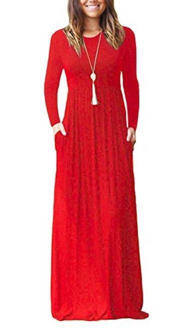 GRECERELLE Women s Long Sleeve Loose Plain Maxi Dresses Casual Long Dresses with Pockets RedS GRECERELLE Women s Long Sleeve Loose Plain Maxi Dresses Casual Long Dresses with Pockets RedS