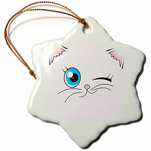 3dRose orn_165779_1 Cute Winking Cat White with Blue Eyes-Snowflake Ornament, Porcelain, 3-Inch