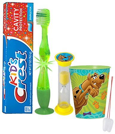 Scooby Doo  Inspired 4pc Bright Smile Oral Hygiene Set Flashing Lights Toothbrush Toothpaste Brushing Timer  Mouthwash Rinse Cup Plus Bonus Remember to Brush  Visual Aid