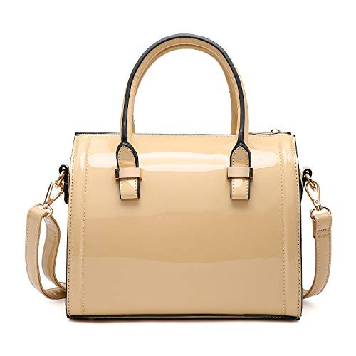 Shiny Patent Faux Leather Handbags Barrel Top Handle Purse Satchel Bag Shoulder Bag for WomenBeige