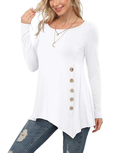 VIISHOW Women s Long Sleeve Casual Round Neck Loose Tunic Top Blouse TShirt with Buttons White XSmall