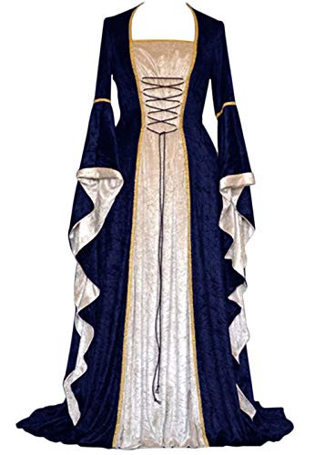 YEAXLUD Womens Renaissance Medieval Costume Dress Lace up Irish Over Long Dresses Cosplay Retro Gown S5XL XXL Navy