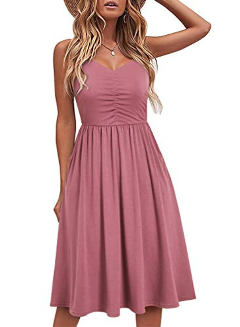 YATHON Casual Dresses for Women Cotton Summer Beach Dress A Line Spaghetti Strap Sundresses with Pockets M YT090Pink