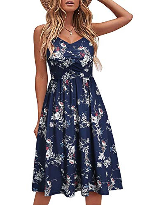 YATHON Casual Dresses for Women Sleeveless Cotton Summer Beach Dress A Line Spaghetti Strap Sundresses with Pockets M YT090Navy Floral 01