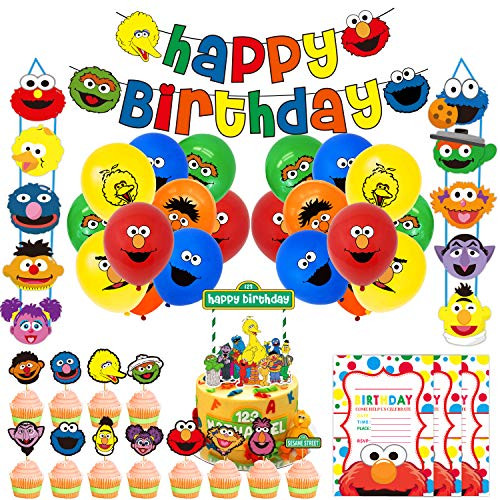 Nelton Birthday Party Supplies For Sesame Includes Banner  Cake Topper  24 Cupcake Toppers  18 Balloons  15 Invitations  Door Hanging Banners