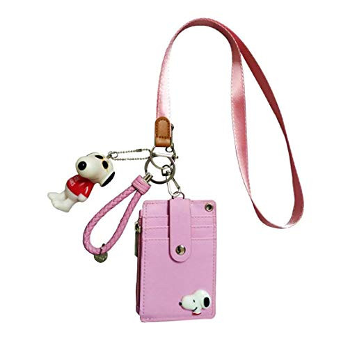Badge Holder with Zipper PU Leather ID Badge Card Holder Wallet with 5 Card Slots 1 Side RFID Blocking Pocket and 20  Neck Lanyard/Strap for Offices ID School ID Driver Licence Pink
