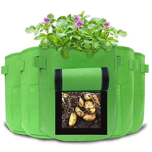 5 Pack 710 Gallon Potato Grow Bags Window Vegetable Grow Bags with Flap and Handles Aeration Fabric Pots Heavy Duty for Potato/Plant Container/Aeration Fabric Pots with Handles 10 Gallon