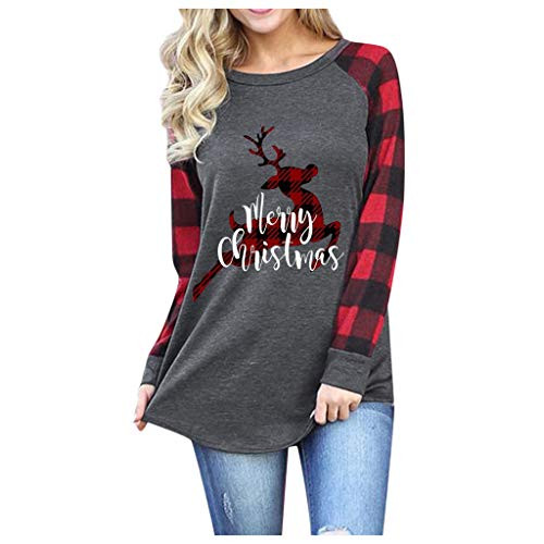 Women Merry Christmas Print Deer Car Plaid Tee Raglan Top Casual Long Sleeve TShirt