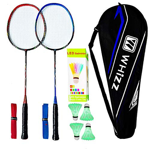 Whizz  Badminton Sets of 2 Racquets Lightweight and Sturdy Carbon Graphite Shaft Badminton Rackets with 4 LED Shuttlecocks 2 Racquet Grip for Backyard Game 1 Nice Carrying Bag Included