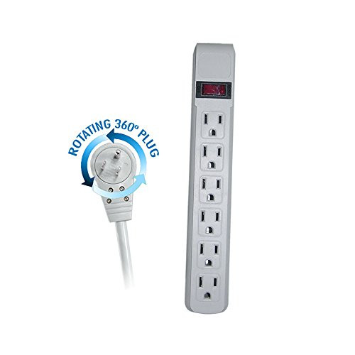 ACL 4 Feet Power Cable with 6 Outlet Surge Protector, Flat Rotating Plug, Horizontal Outlets, Gray