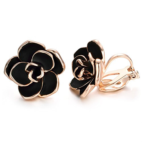 Yoursfs Clip Earrings for Women Black Rose Flower Gold Plated Earring Enamel