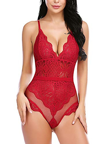 wearalla Women Lingerie for Valentines Snap Crotch Bodysuit Floral Lace Lingerie Deep V Teddy Lingerie One Piece Babydoll Dark Red