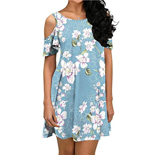 Tanst Sky Flowered Dresses for Women Cold Shoulder Bohemian Dress with Pockets Short Sleeve Floral Print Trendy Clothes Round Neck Casual Summer Clothing Soft Beach Shift Outfits Light Blue Medium