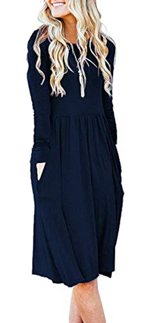 Women Pockets Empire Waist Loose Swing Casual Midi Winter Dress with Sleeve LNavy Blue Women Pockets Empire Waist Loose Swing Casual Midi Winter Dress with Sleeve LNavy Blue