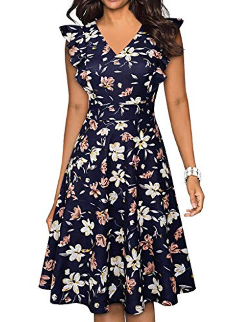 BOKALY Women s Vintage Ruffles Navy Blue Floral Flared Swing ALine Casual SemiFormal Dresses S BK521Navy Floral 01
