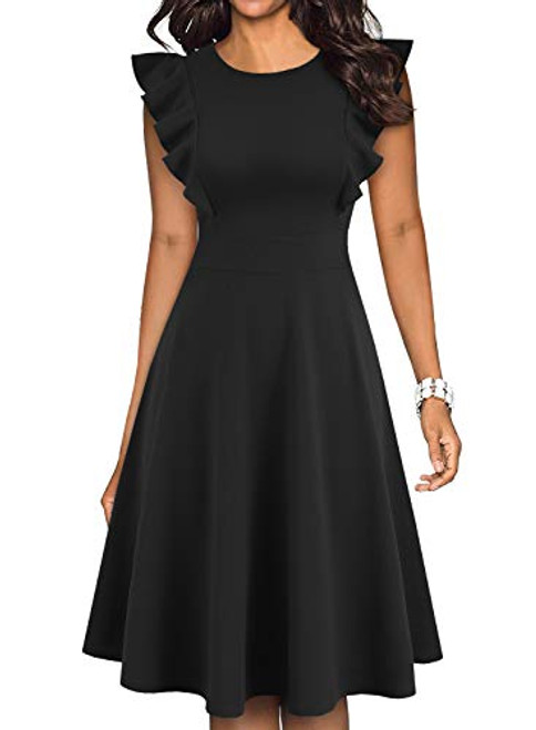 YATHON Women s Vintage Ruffle Floral Flared A Line Swing Casual Cocktail Party Dresses M YT001Black YATHON Women s Vintage Ruffle Floral Flared A Line Swing Casual Cocktail Party Dresses M YT001Black