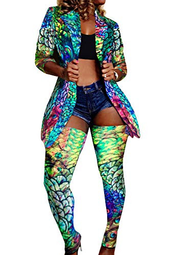 Women 2 Piece Sets Snakeskin Blazer Jacket and Skinny Long Pants for Party Clubwear