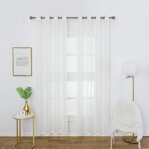 Aquazolax Grommet Semi Sheer Curtains Short White Voile Window Treatment Balcony Bedroom Linen Blended Curtain Panels Set of 2 W52 x L63 inch