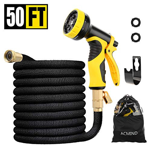 Acmind 50FT Expandable Garden Hose Extra Strength Fabric and Double Latex Core Water Hose 3/4  Solid Brass Fittings Flexible NoKink Expanding Hose With 9 Function Spray Nozzle