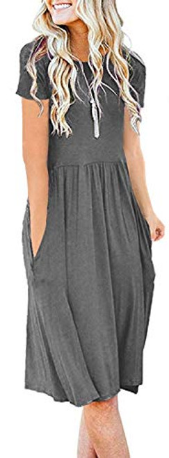 Women Pockets Empire Waist Loose Swing Casual Midi Spring Dress with Sleeve M Gray Women Pockets Empire Waist Loose Swing Casual Midi Spring Dress with Sleeve M Gray