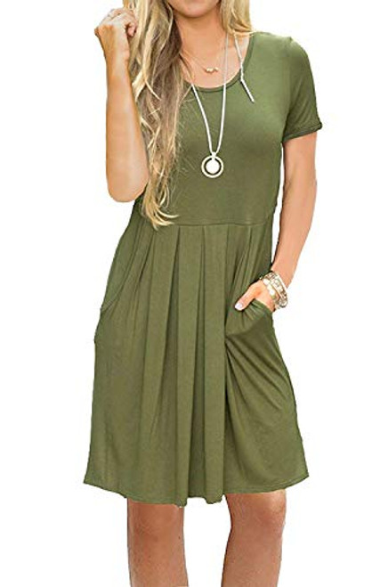 AUSELILY Women s Short Sleeve Pleated Loose Swing Casual Dress with Pockets Knee Length M Army Green