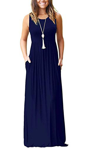 AUSELILY Women s Summer Sleeveless Loose Plain Maxi Dress Casual Long Dress with Pockets L Navy Blue