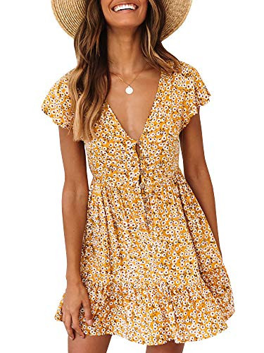 Bigyonger Womens Boho Floral Print Dress Button Down Deep V Neck Ruffle Beach Mini Dresses Yellow