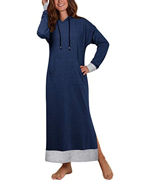 Jacansi Womens Juniors Sweatshirt Hoodie Dresses Loose Long Sleeve Pullover Sweatshirt Maxi Dress Navy L