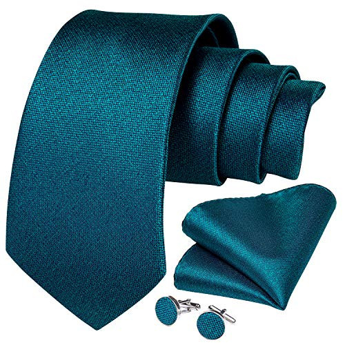 DiBanGu Teal Tie and Pocket Square Mens Solid Necktie Cufflink Set Formal Wedding